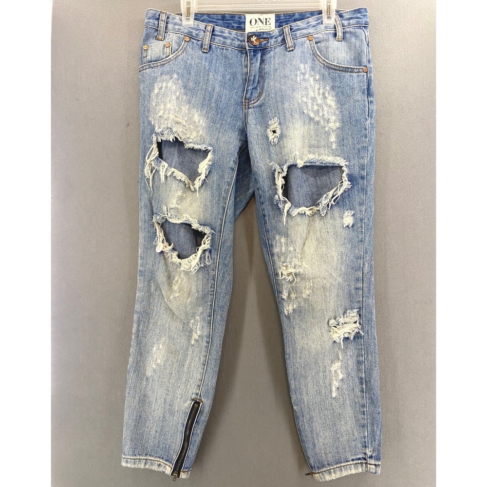 One by One Teaspoon Trashed Free Birds Distressed Skinny Jeans Blue Light